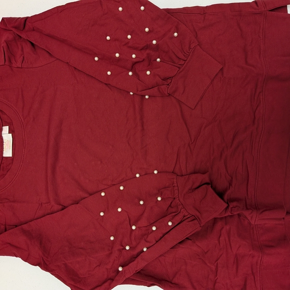 Women’s Pearl-Embellished Long Sleeve Top - Burgundy - Picture 3 of 7